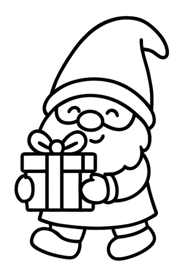 Coloring page of a gnome wearing glasses, carrying a small gift wrapped with a bow