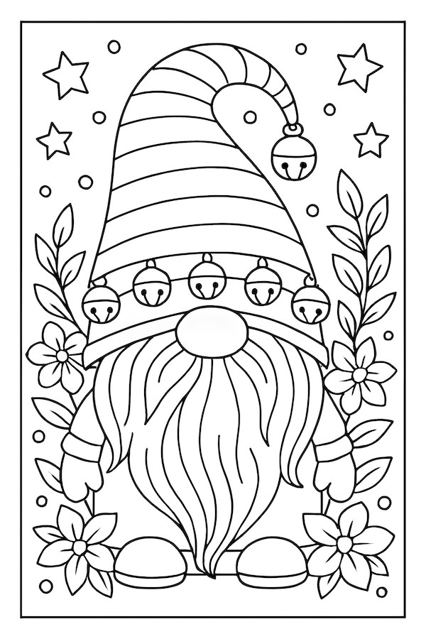 Coloring page of a gnome wearing a striped hat adorned with jingle bells, surrounded by flowers and stars
