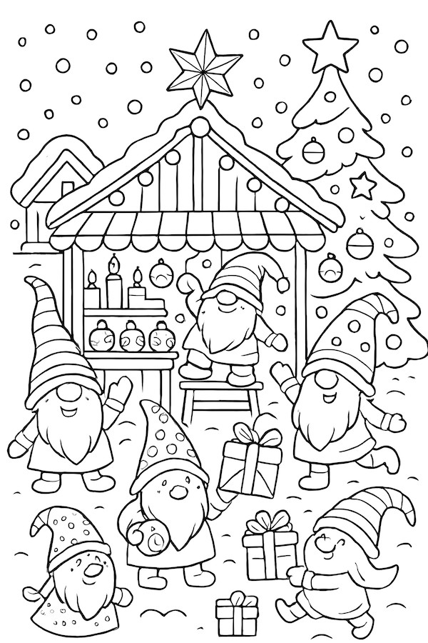 Coloring page depicting lively gnomes in a snowy Christmas market, surrounded by gifts, a decorated tree, and festive stalls