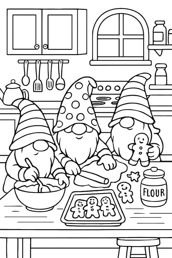 Coloring page of three gnomes baking gingerbread cookies in a cozy kitchen with utensils and flour