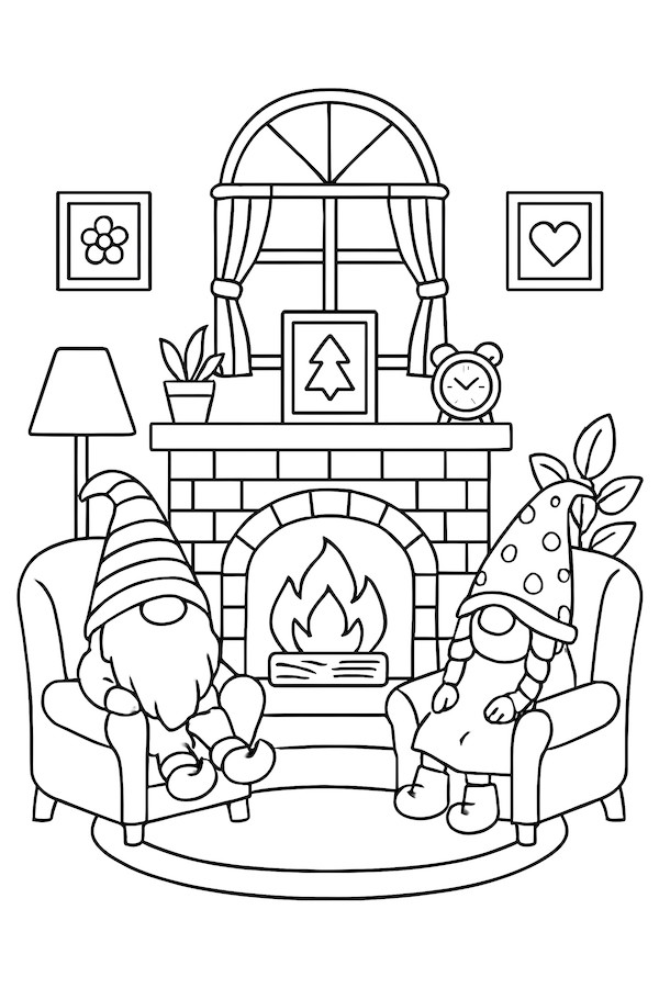 Coloring page of two gnomes sitting in armchairs by a fireplace in a cozy living room, decorated with plants and a window
