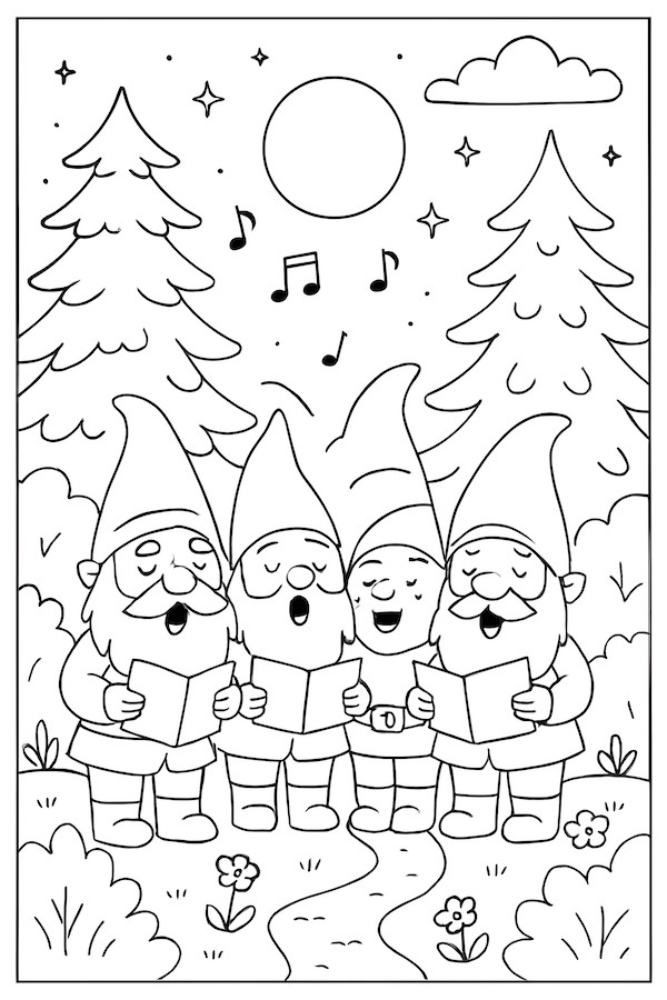 Coloring page featuring four gnomes singing carols under a full moon with trees and musical notes