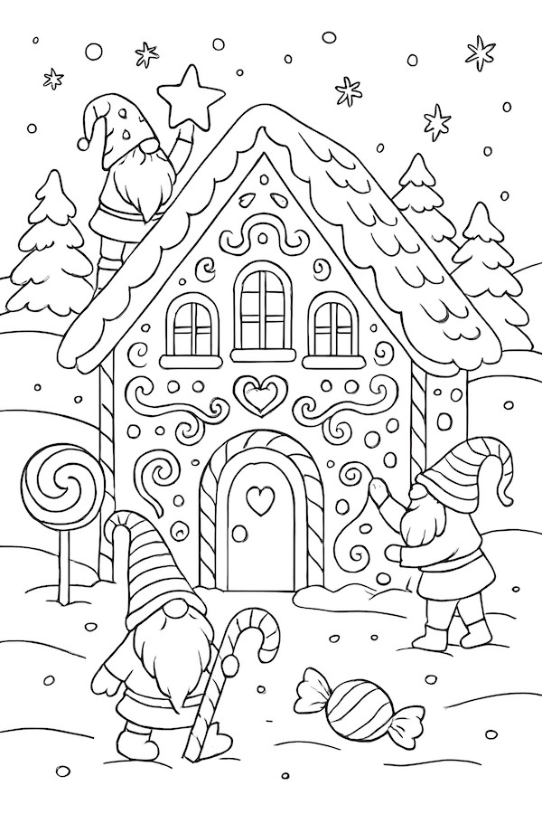 Coloring page of gnomes decorating a gingerbread house surrounded by snowy trees and winter decorations