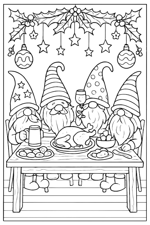 Coloring page of four gnomes enjoying a holiday feast at a wooden table adorned with food and decorations