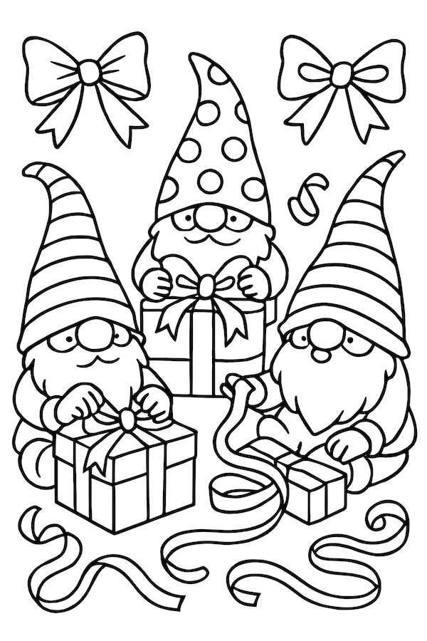 Coloring page of three gnomes wrapping gifts with ribbons and bows, surrounded by additional bows and gift elements