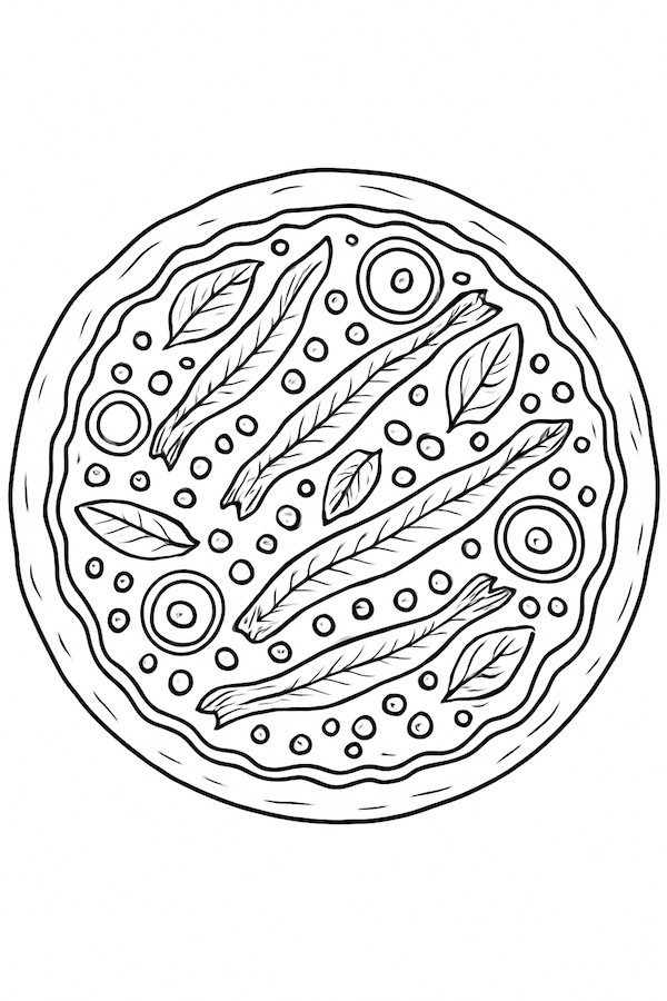 Coloring page of a gourmet pizza topped with anchovies, capers, and circular designs.
