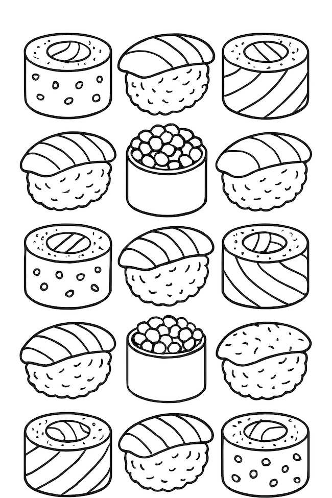 Coloring page featuring a grid of sushi pieces with diverse designs including rolls and nigiri