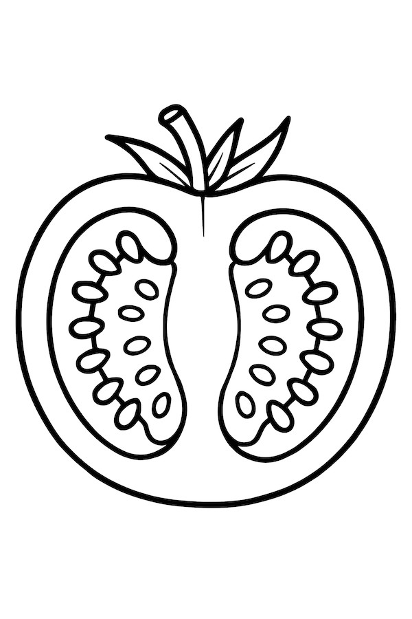 Coloring page of a halved tomato featuring visible seeds and leaves atop the fruit