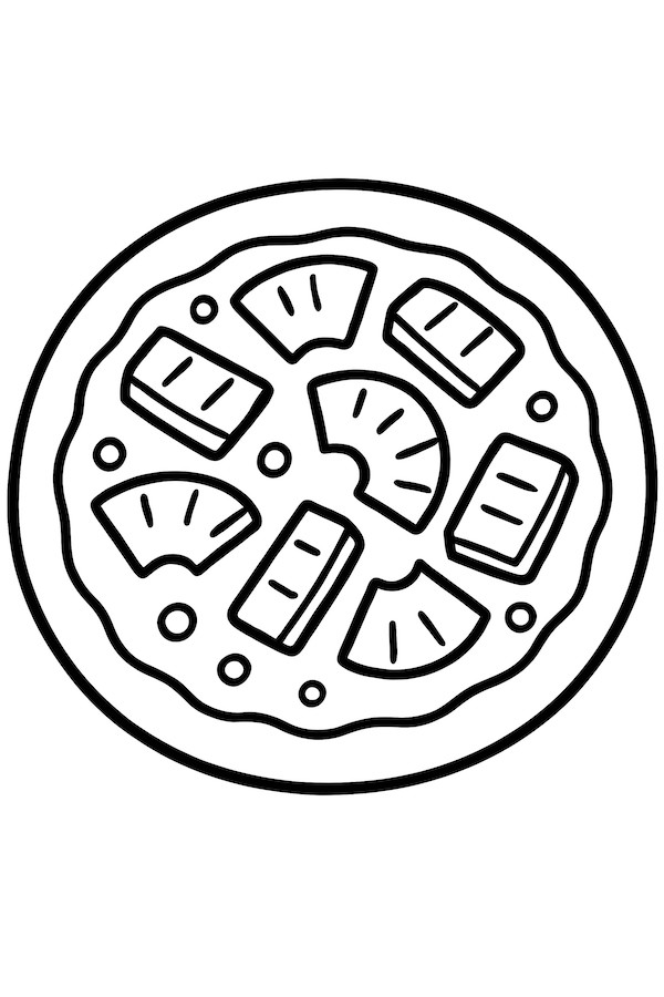 Coloring page of a pizza topped with ham and pineapple slices, surrounded by circular outlines