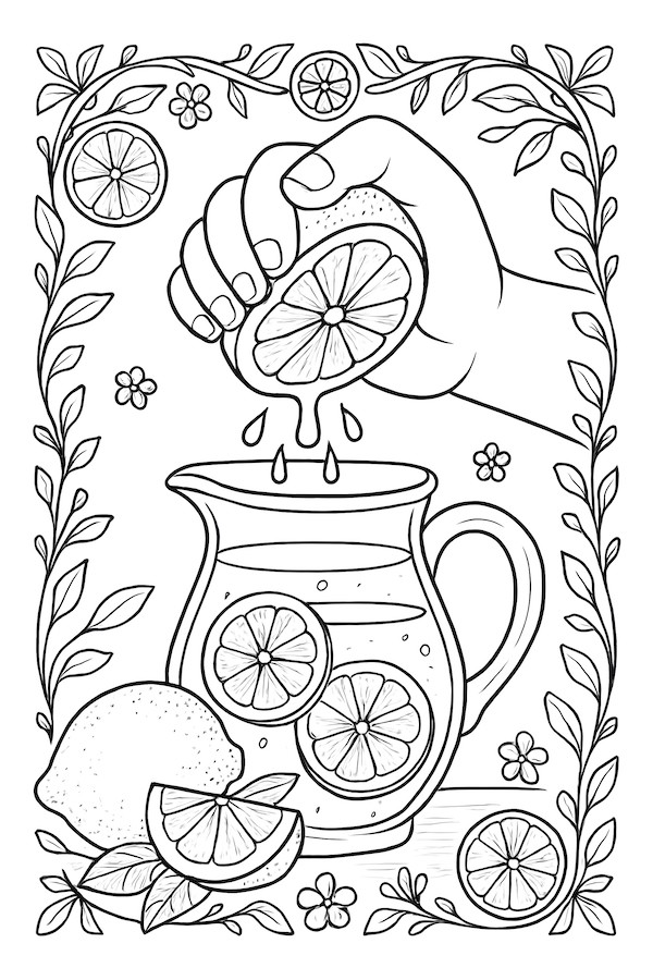 Coloring page of a hand squeezing a lemon over a pitcher filled with sliced lemons and surrounded by decorative elements