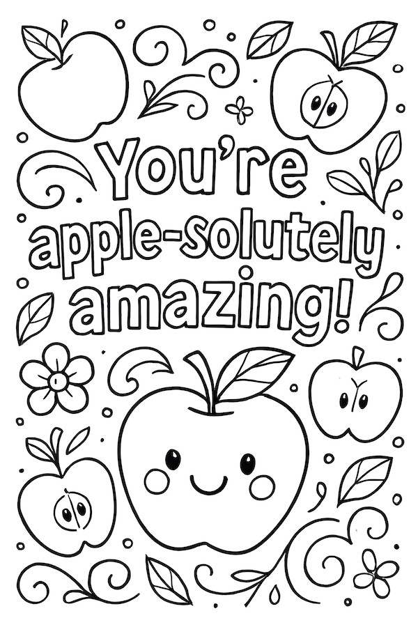 Coloring page featuring a smiling apple character with a face, surrounded by decorative apples, flowers, and swirls