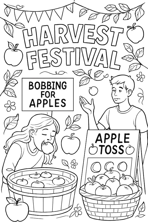 Coloring page depicting a harvest festival scene with apple-related games, including bobbing for apples and an apple toss game