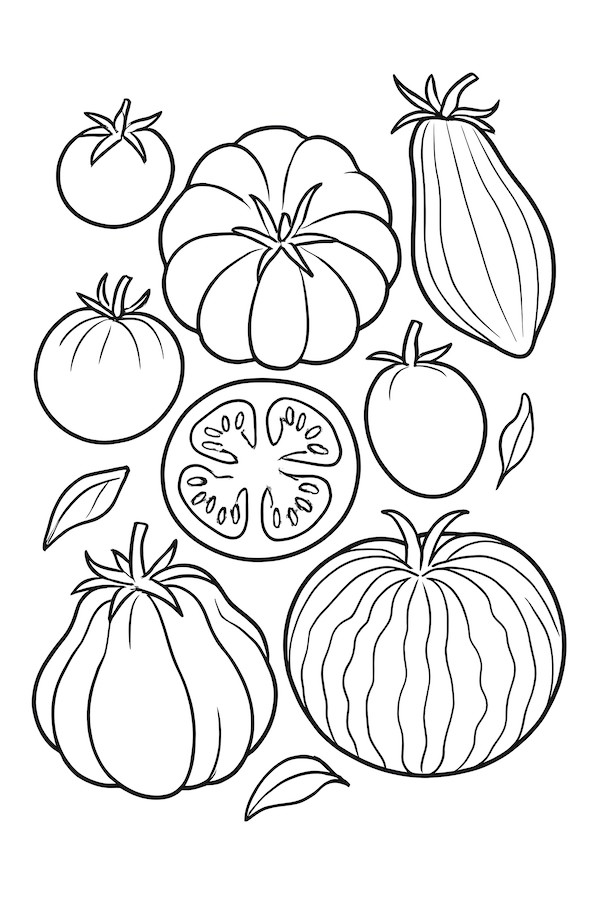 Coloring page showcasing a variety of heirloom tomatoes, including round, oval, and ribbed shapes with leaves