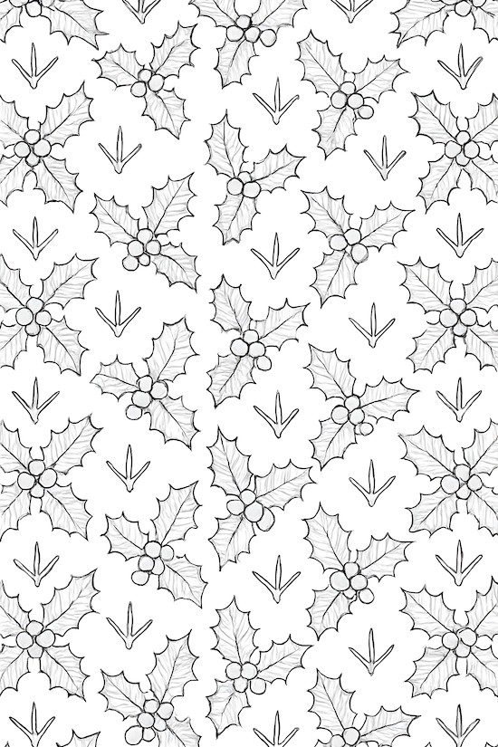 Coloring page featuring a repeating pattern of holly leaves with berries and penguin footprints