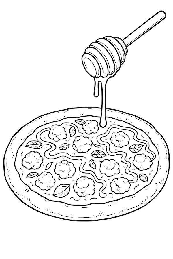 Coloring page of a pizza topped with goat cheese, honey drizzle, and green leaves