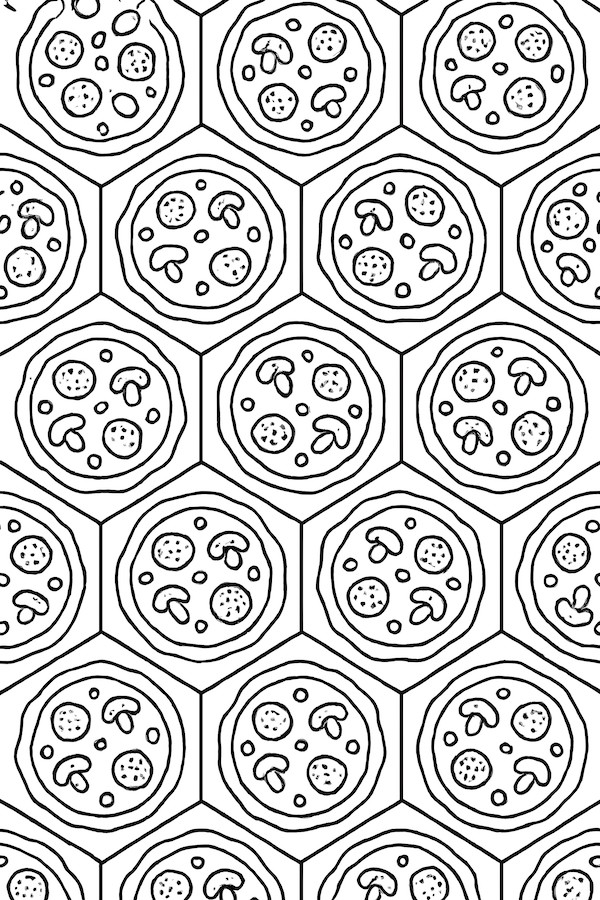 Coloring page featuring a honeycomb grid filled with pizza slices, each topped with pepperoni, mushrooms, and olives.