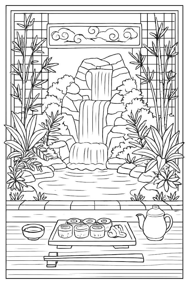 Coloring page featuring an indoor waterfall garden with lush plants and a sushi serving area including sushi rolls, wasabi, and a teapot