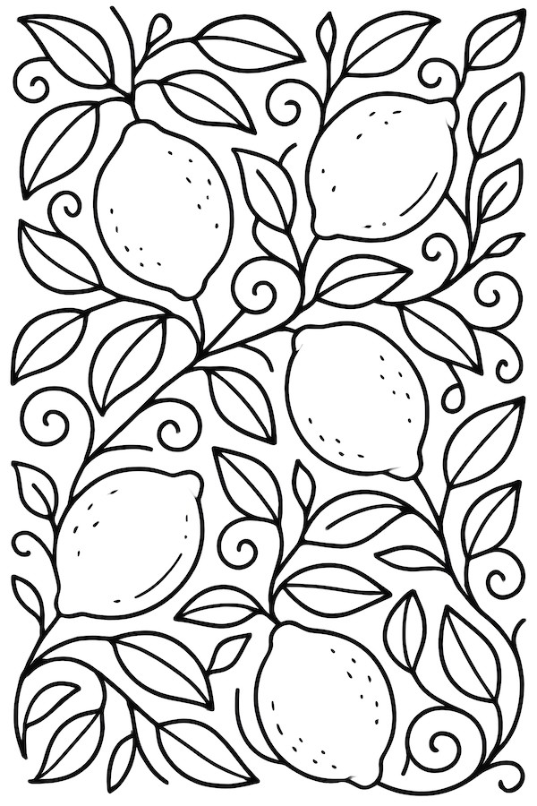Coloring page featuring a pattern of interlocking lemons and twisting vines with leaves