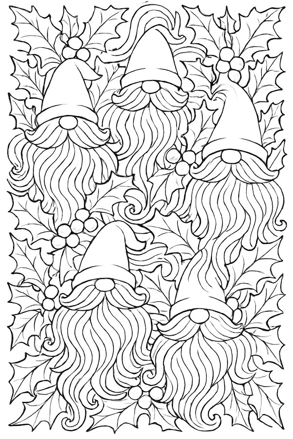 Coloring page featuring ornate gnome beards interlaced with holly leaves and berries.