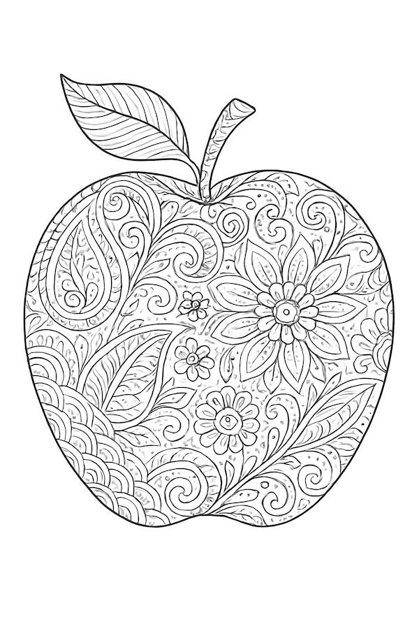 Coloring page featuring a detailed apple design with etched floral patterns and swirling elements on its surface