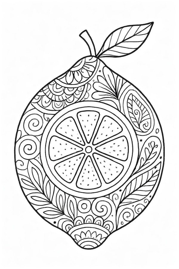 Coloring page featuring a lemon-shaped coaster adorned with intricate patterns and a detailed slice inside