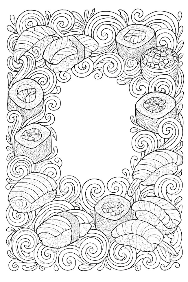 Coloring page featuring an intricate border of swirling sushi elements including rolls, nigiri, and sashimi