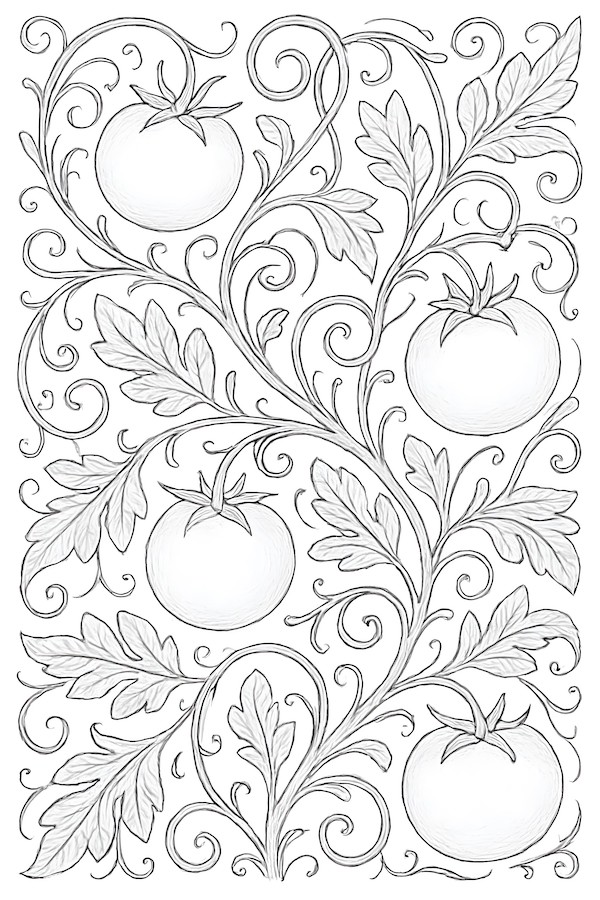 Coloring page featuring an intricate vine design intertwined with tomatoes and swirling leaves
