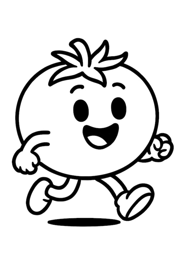 Coloring page of a cartoon tomato character with arms and legs running joyfully