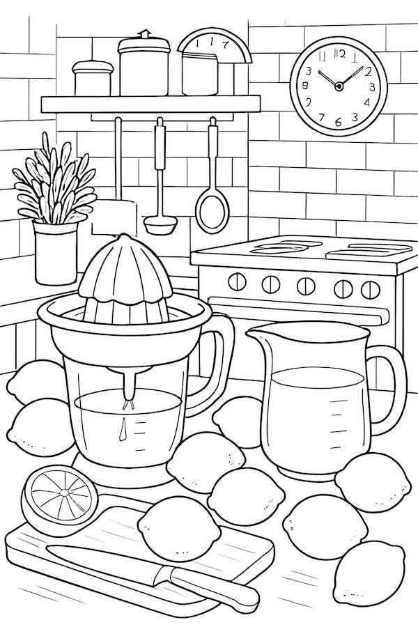 Coloring page of a busy kitchen featuring fresh lemons, a juicer, and a pitcher for lemonade preparation