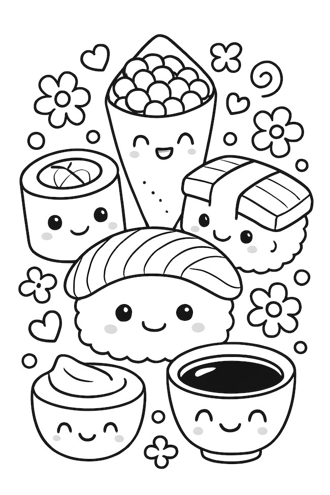 Coloring page of kawaii sushi family featuring smiling sushi, flowers, and soy sauce