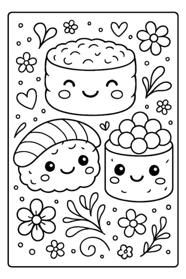 Coloring page featuring three kawaii sushi pieces with smiling faces, surrounded by flowers and hearts