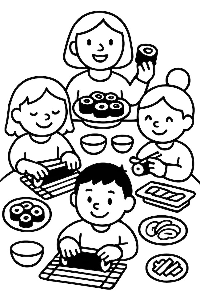 Coloring page of children making sushi rolls with various ingredients and sushi trays at a dinner table