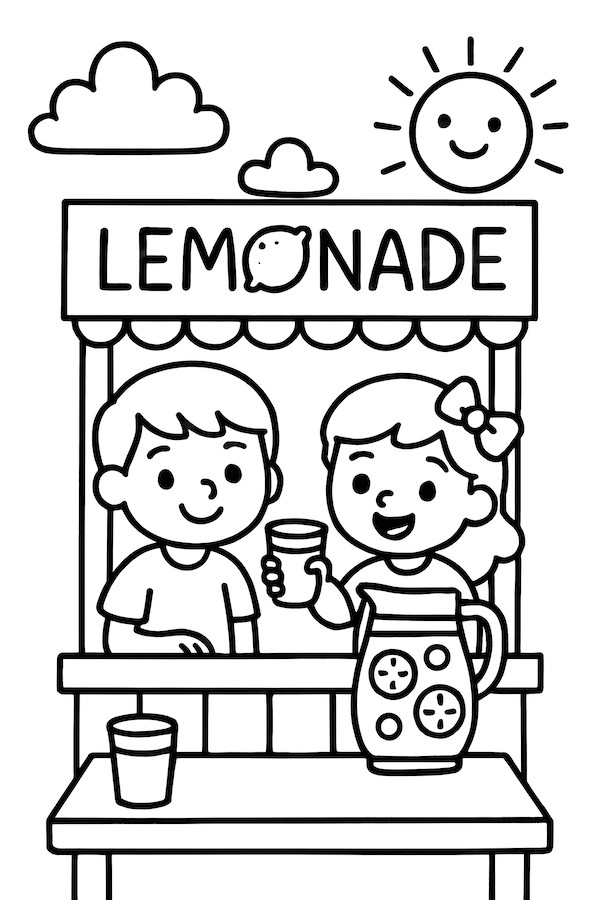 Coloring page of two children at a lemonade stand with a pitcher and cups under a sunny sky