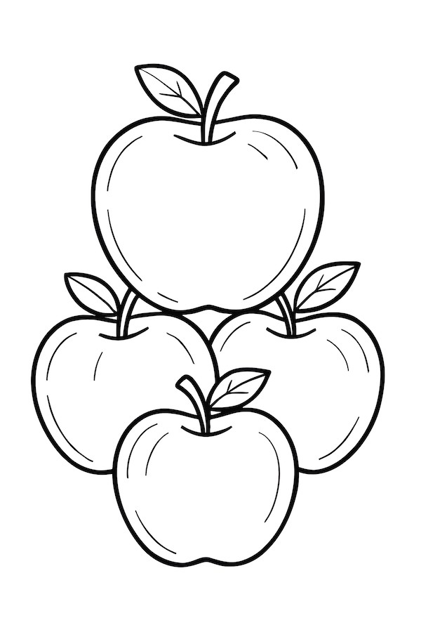Coloring page featuring a large apple on top of three smaller apples with leaves