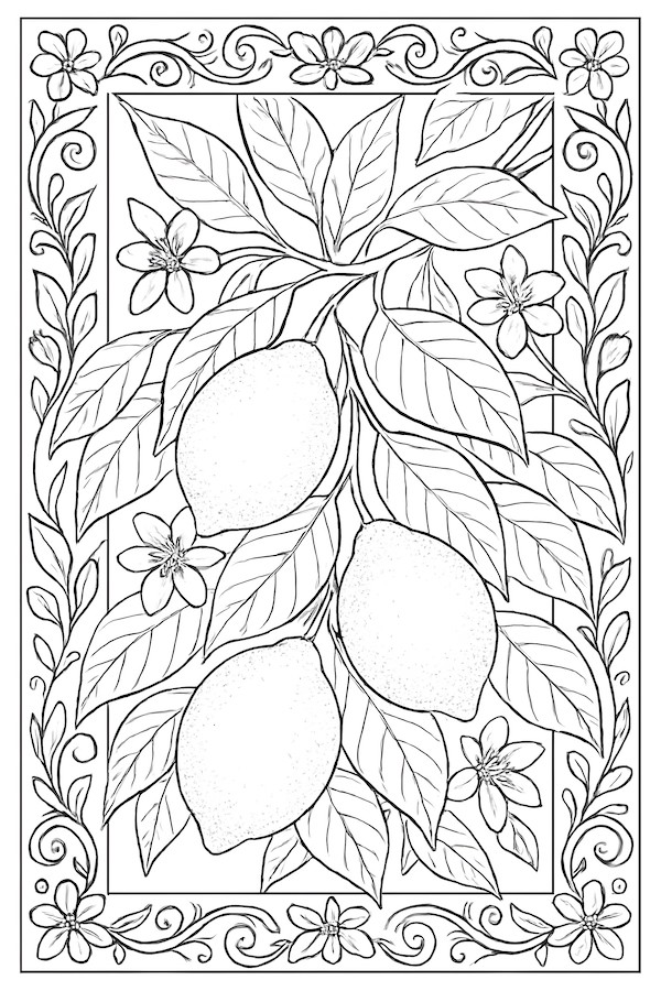 Coloring page of three lemons surrounded by leaves and flowers in a decorative frame