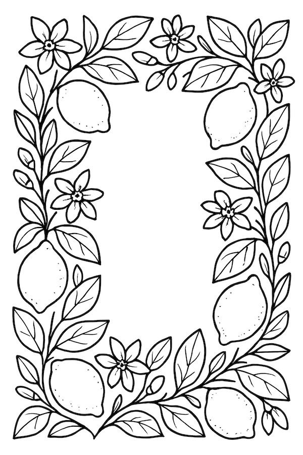 Coloring page featuring a border design made of lemon branches, flowers, and leaves