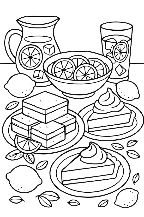 Coloring page featuring a selection of lemon dishes including lemon squares, lemon pie, and a pitcher with lemon slices