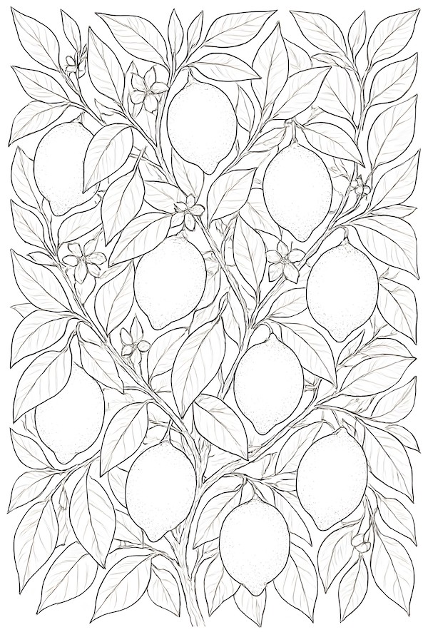 Coloring page of a lemon grove featuring branches heavily laden with lemons and lush green leaves