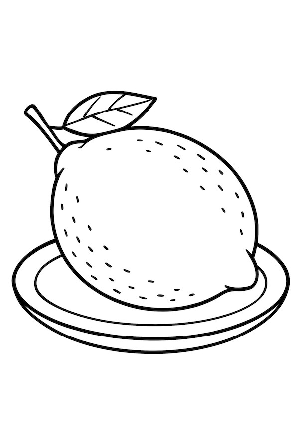 Coloring page of a lemon resting on a round plate with a single leaf