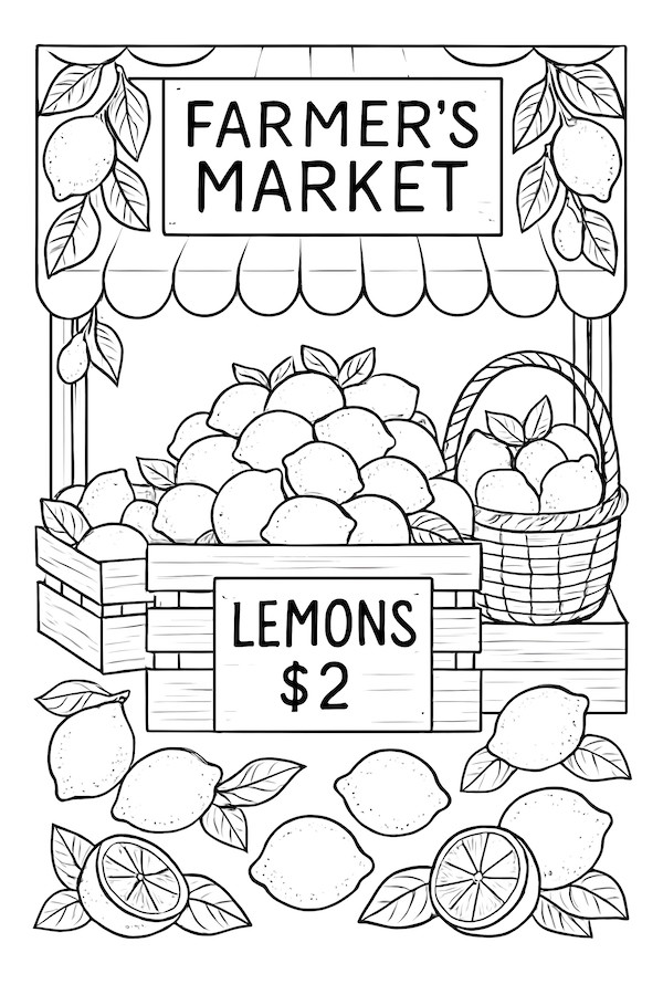 Coloring page of a farmer's market stall featuring lemons in crates and a basket, with a price sign
