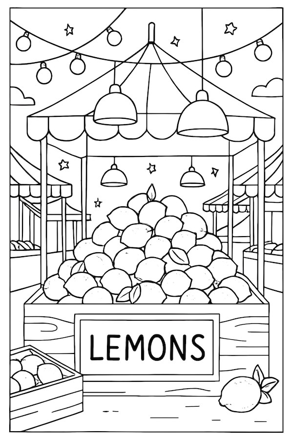Coloring page featuring a vibrant night market scene with a lemon stand under hanging lights and a sign displaying 'LEMONS'