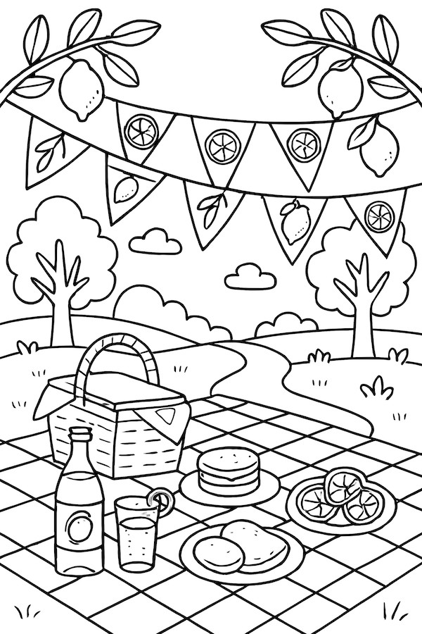 Coloring page of a picnic setup featuring lemon decor, picnic basket, snacks, and a banner in a park setting