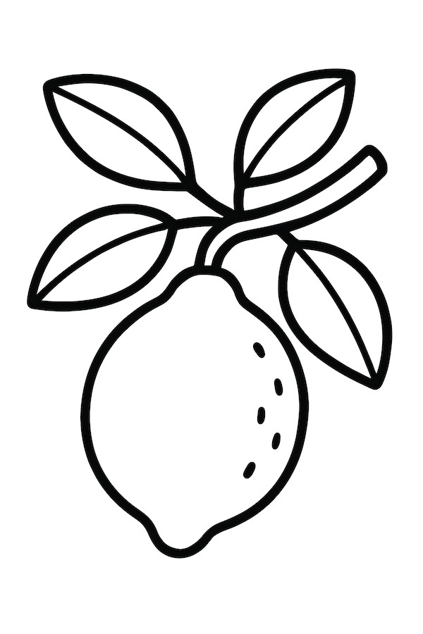 Coloring page of a lemon tree branch with one ripe lemon and green leaves