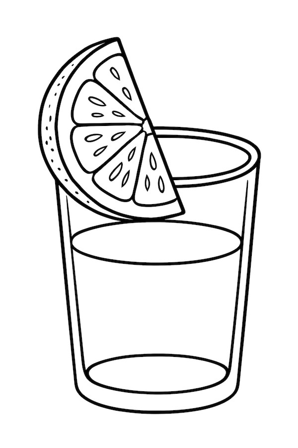 Coloring page featuring a lemon wedge balanced on the rim of a glass filled with liquid