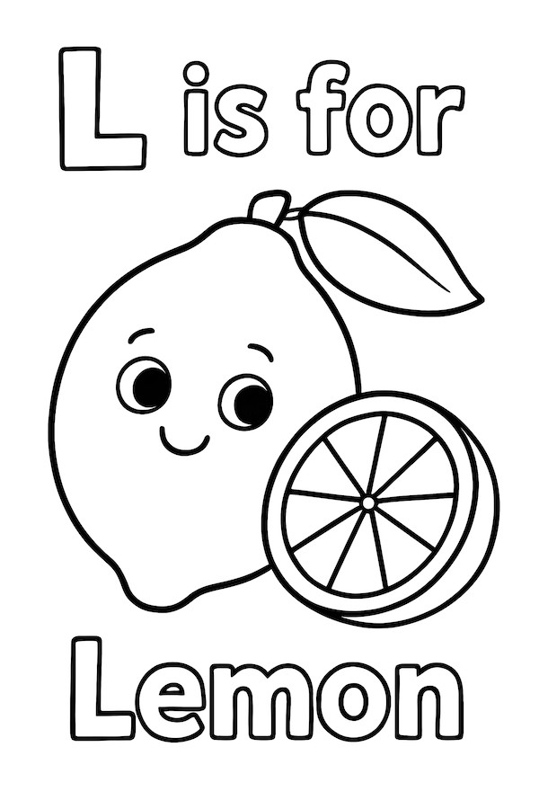 Coloring page of a smiling lemon with a leaf and a lemon slice beside the text 'L is for Lemon'