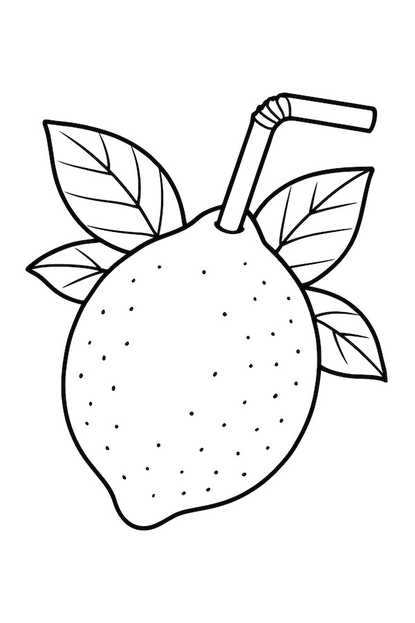 Coloring page of a lemon with a straw inserted and green leaves