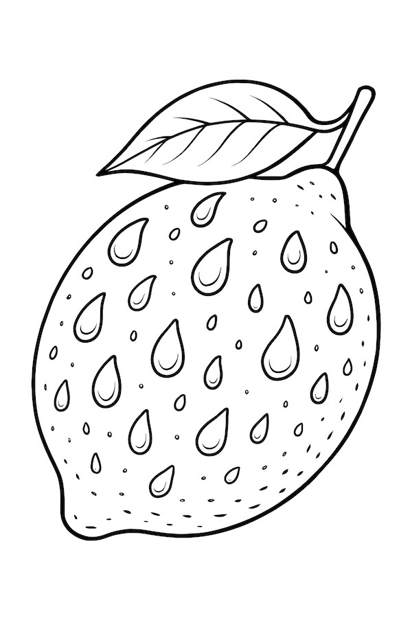 Coloring page of a lemon covered in water droplets with a leaf on top