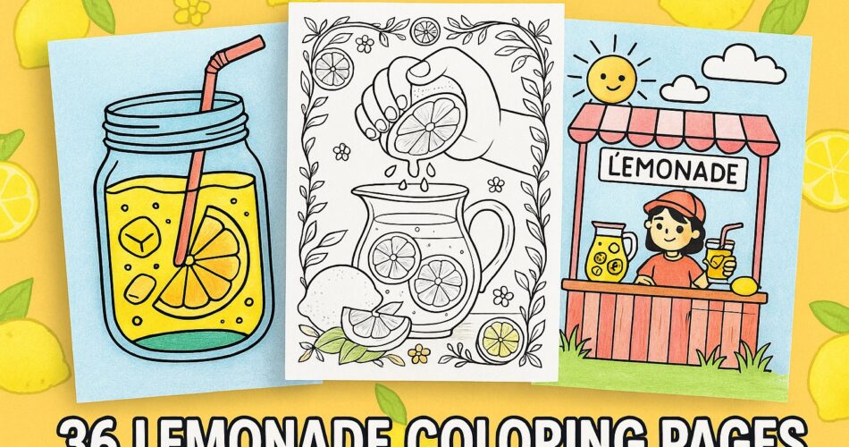 Horizontal blog header featuring three lemonade coloring pages: a colored mason jar lemonade on the left, an uncolored pitcher and hand-squeezing-lemon page in the center, and a colored lemonade stand scene on the right. All pages appear as printed sheets against a yellow lemon-patterned background with the title “36 Lemonade Coloring Pages.”