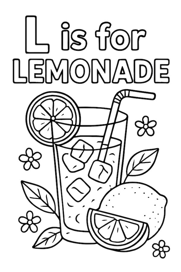 Coloring page of a glass of lemonade with ice, a straw, lemon slices, and flowers