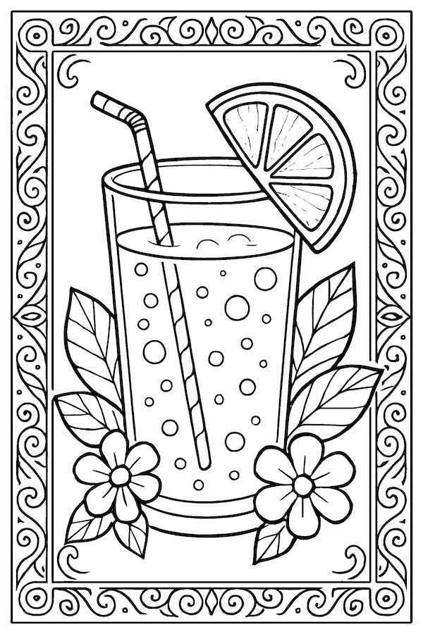 Coloring page of a glass of lemonade with a lemon wedge, straw, and decorative flowers and leaves around it